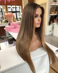 Unprocessed European Virgin Cuticle Aligned Human Hair Single Knots HD Brown Balayage Straight Highlight Brown Lace Front Wigs