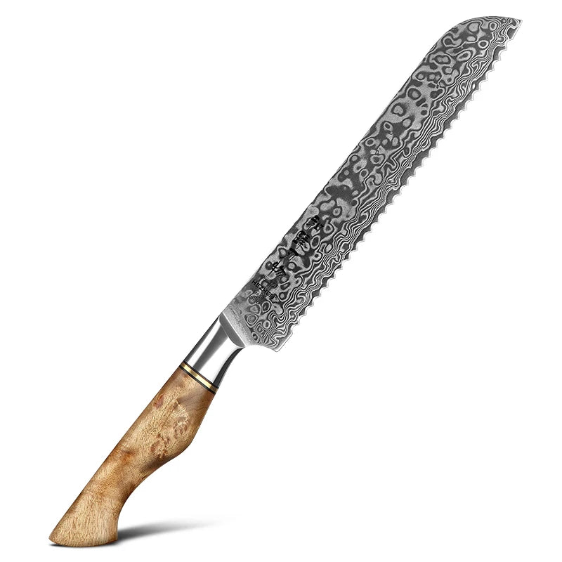 Unique Design Damascus Steel Kitchen Bread Knife with Figured Sycamore Wood Handle