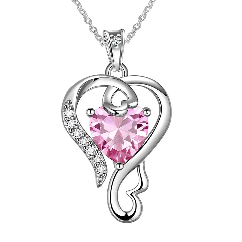 CAOSHI Lovely Heart Shaped Pink Crystal Cubic Zirconia Necklaces for Women Engagement Wedding Silver Plated CZ Pendant Necklaces