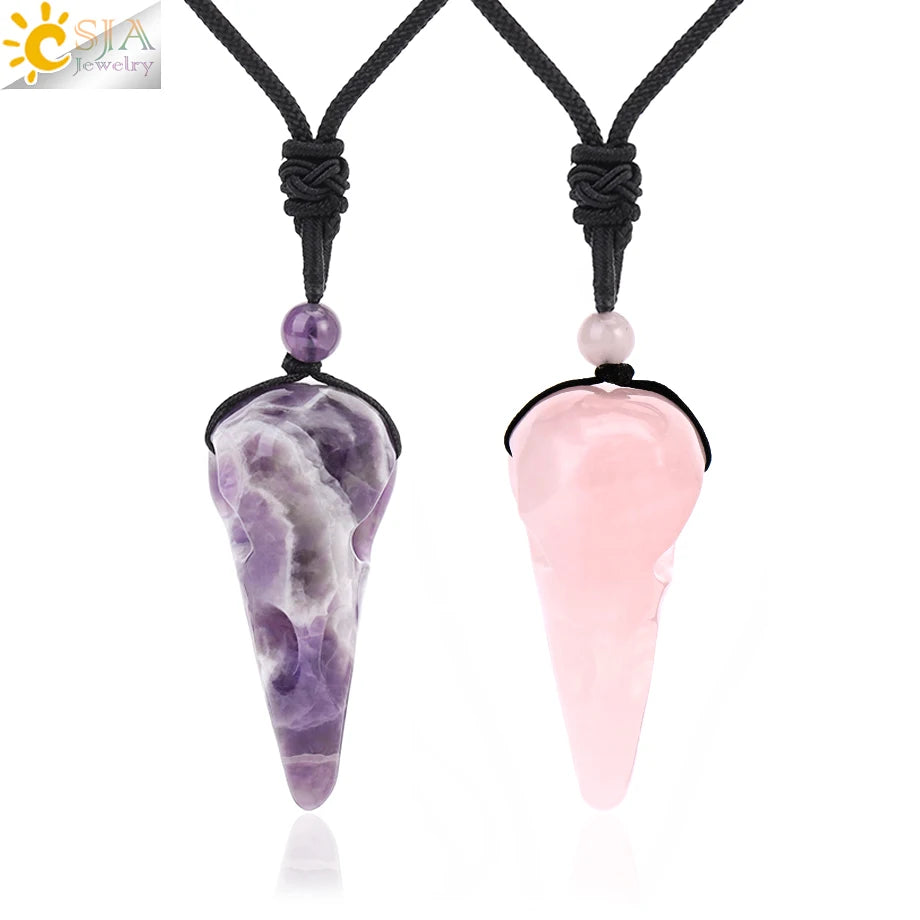 CSJA Reiki Healing Energy Gemstone Natural Stone Carved Crystal Raven Head Skull Pendant Necklace Jewelry Christmas Gift T056