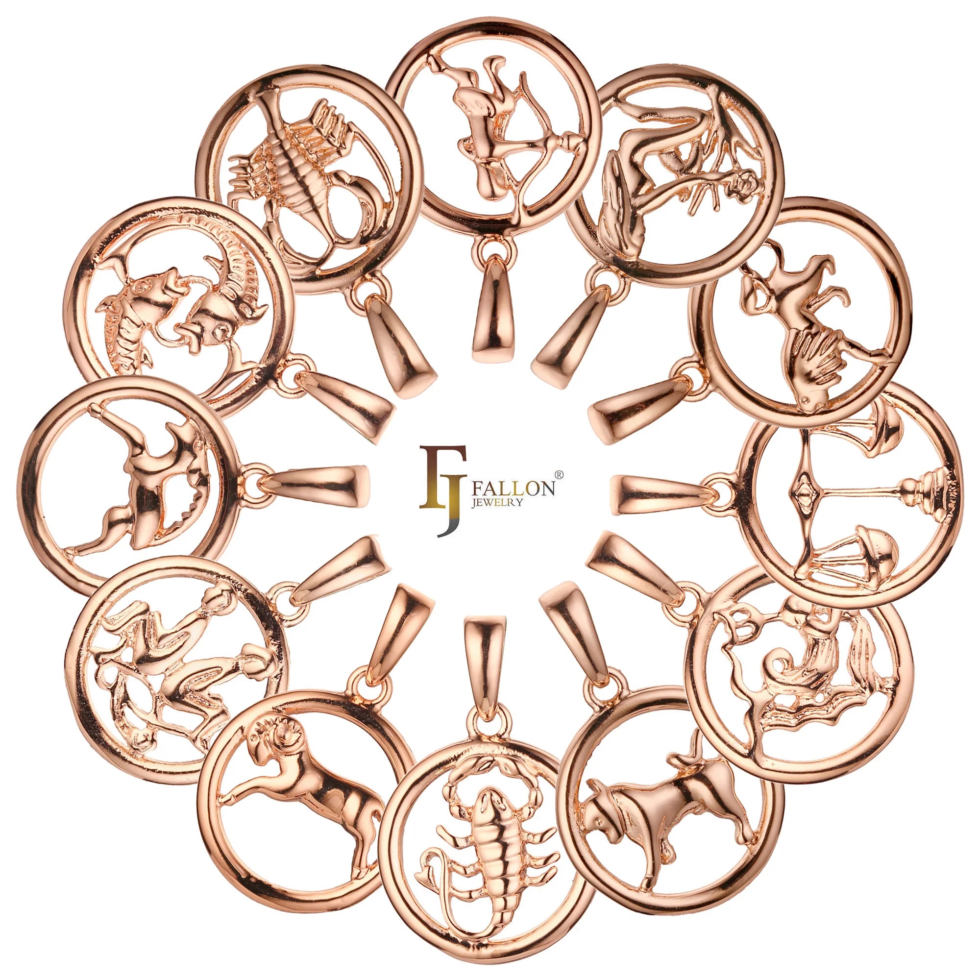 FJ Fallon Fashion Jewelry Pendant Zodiac Glossy Circle of Zodiac Plated in Rose Gold Brass Based