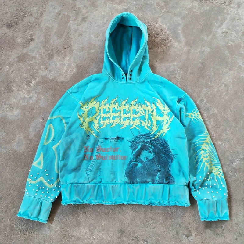 YSJY Custom 500gsm Cotton French Terry Hoodies Distressed Applique Oversized Acid Wash Streetwear Mens Hoodies
