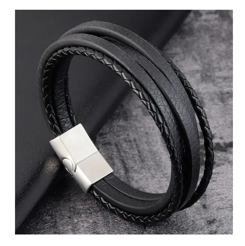 New Hotsale Multi-Layer Braided Man Leather Bracelet With Brushed Stainless Steel Magnetic Clasp Great Gift for Father