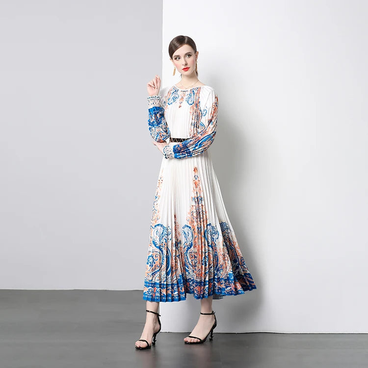 Women Clothing Dress Pleated Floral Maxi Dress Women Summer Autumn Flower Vestidos Party Evening Long Outfits Beach Wear