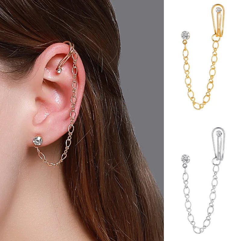 2022 Design Rhinestone Long Chain Moon Diamond Earbone Clip Crystal Moon Crescent Tassel Piercing Geometry Earring Women