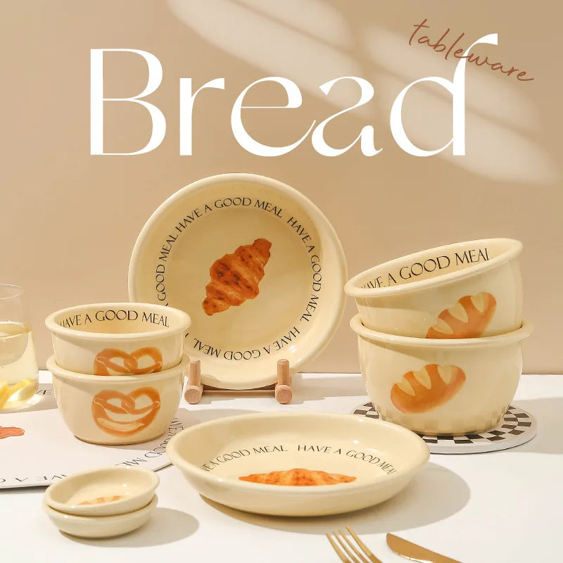 Korean Cute Bread Tableware Household Ceramic Bowl and Plates Set Croissant Dish Soup Bowls