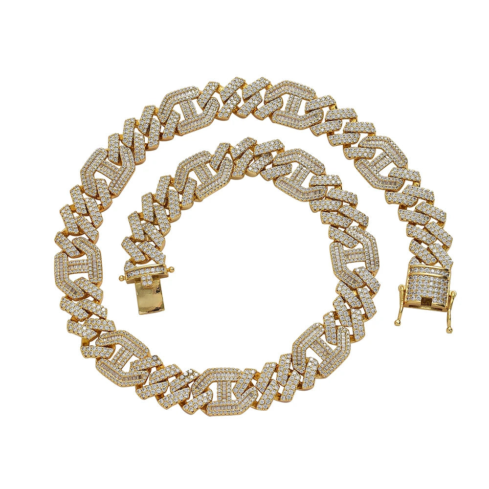 BC012  15mm Brass Setting Zircon Cuban Link Chain  Necklace Hip Hop Bling Jewelry CZ Chain Iced Out