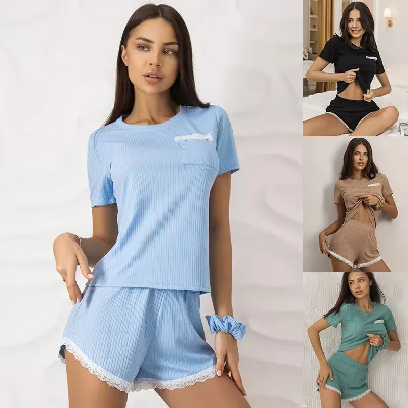 Quality Women's Lace T-Shirt Shorts Pajama Set Comfortable Casual Clothing for Summer Elastic Waist Sleepwear for Girls