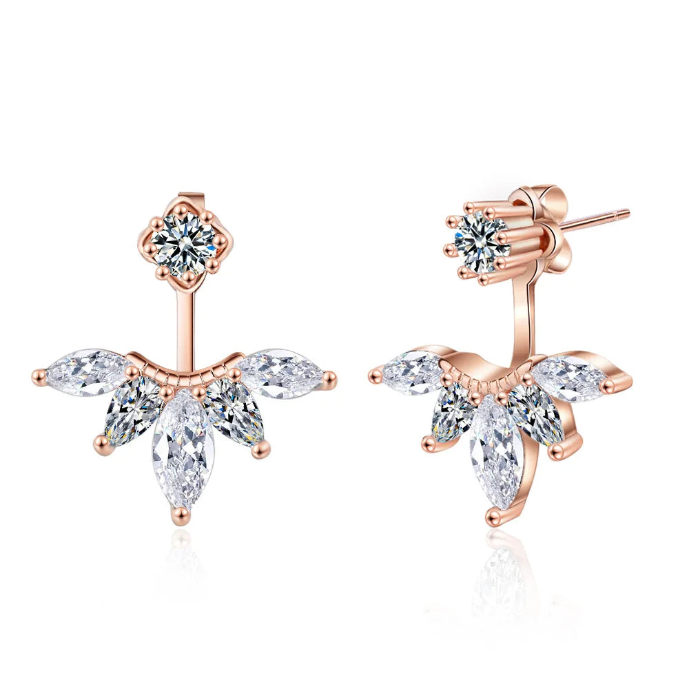 Wholesale S925 Sterling Silver Needle 18k Gold Plated Cubic Zirconia Leaf Front Back Ear Cuffs Stud Earring for Women