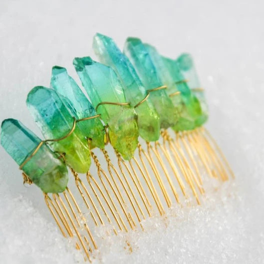 Diy Top Selling Plated Colorful Multicolored Hair Comb Natural Green Blue Crystal Hair Comb