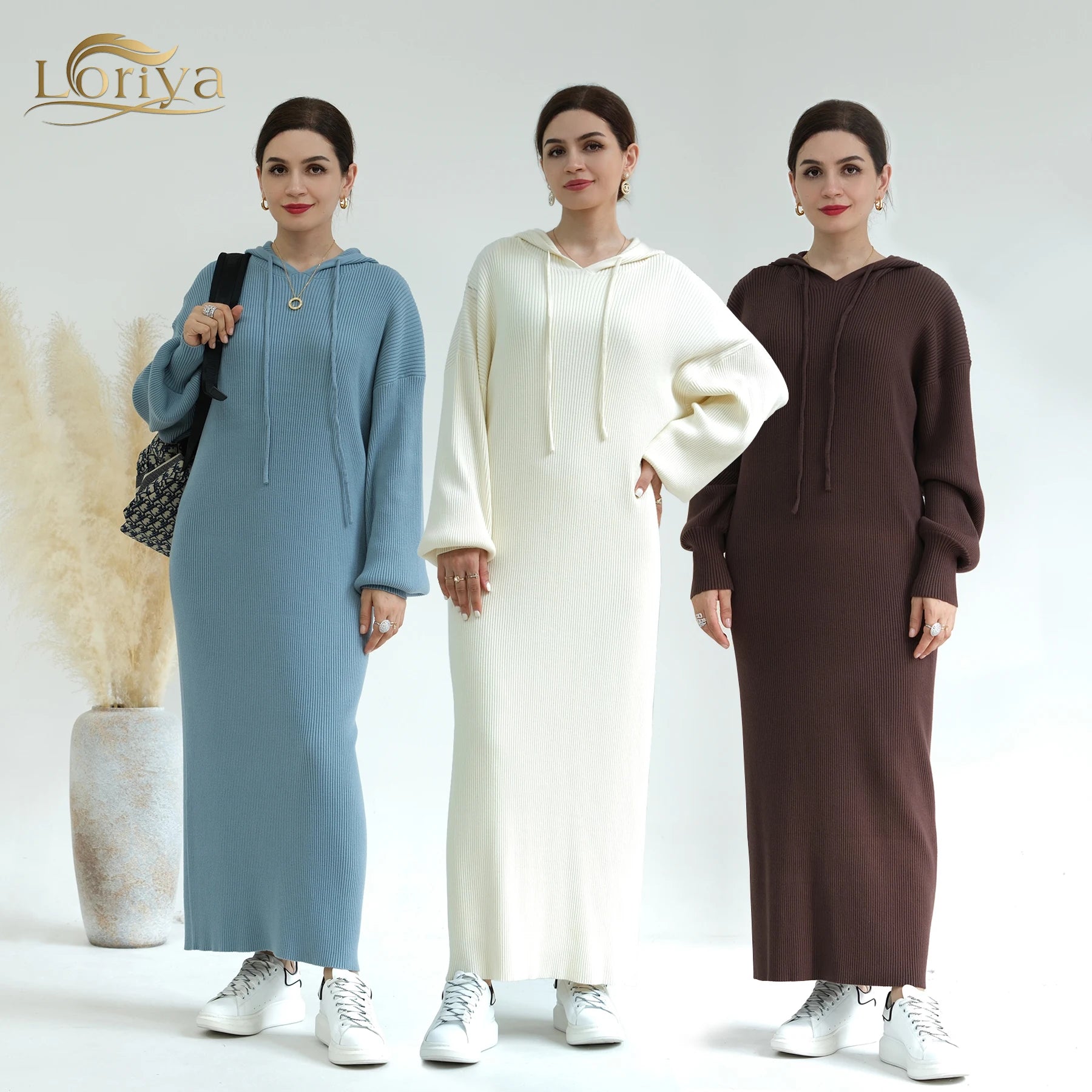 2023 Loriya Hot Selling Winter Hoodie Abaya Islamic Clothing Autumn Knit Solid Color Abaya Women Muslim Dress