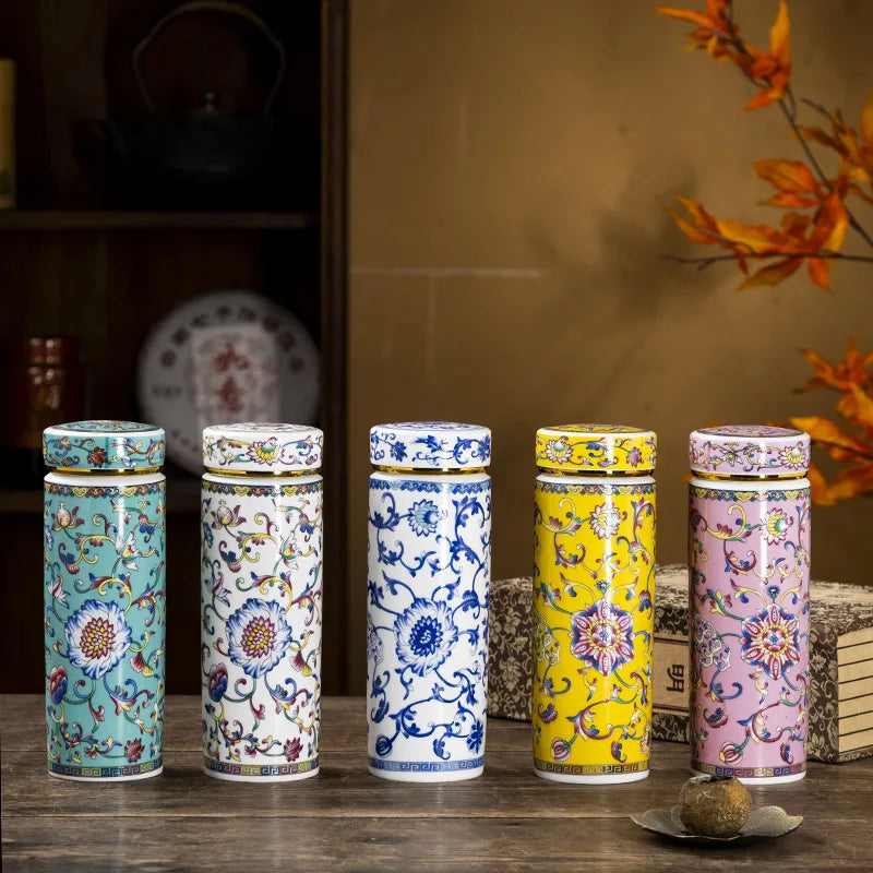 2025 Traditional Chinese Style Water Bottle Double Wall Business Gift Ceramic Water Bottle 500ml