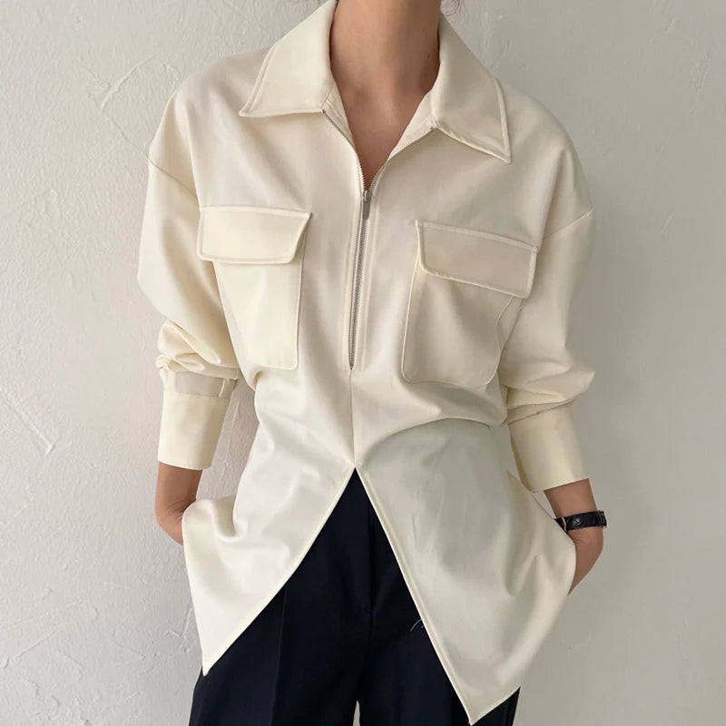 Wholesale 2026 Autumn New Temperament Lapel Zipper Design Double Pocket Back Lace Split Fashion Casual Loose Women Shirt