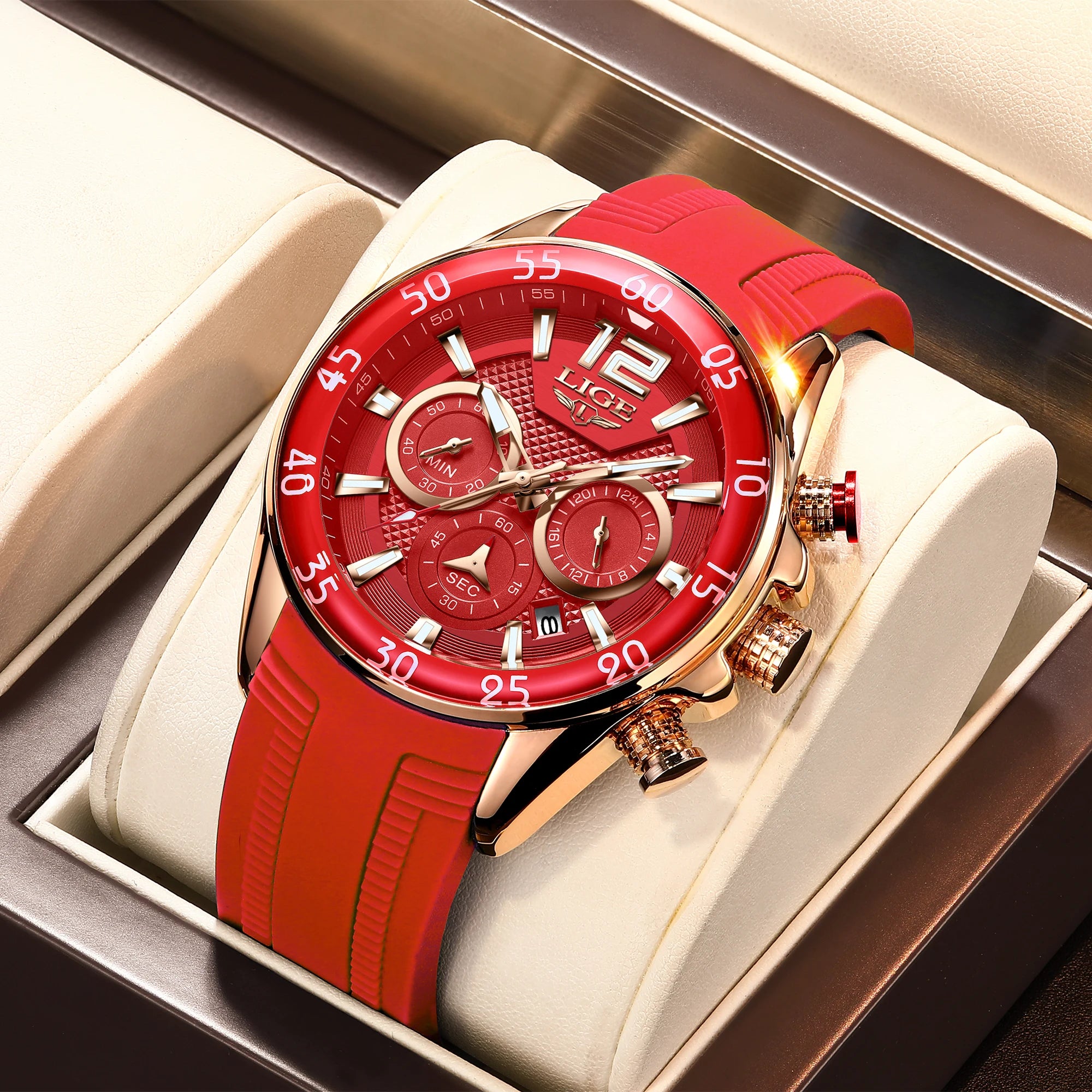 LIGE LG8934 Red Silicone Watch Factory Custom Logo Fashion Men Watches Sports Watch Men Quartz Clock Waterproof Wristwatches Oem