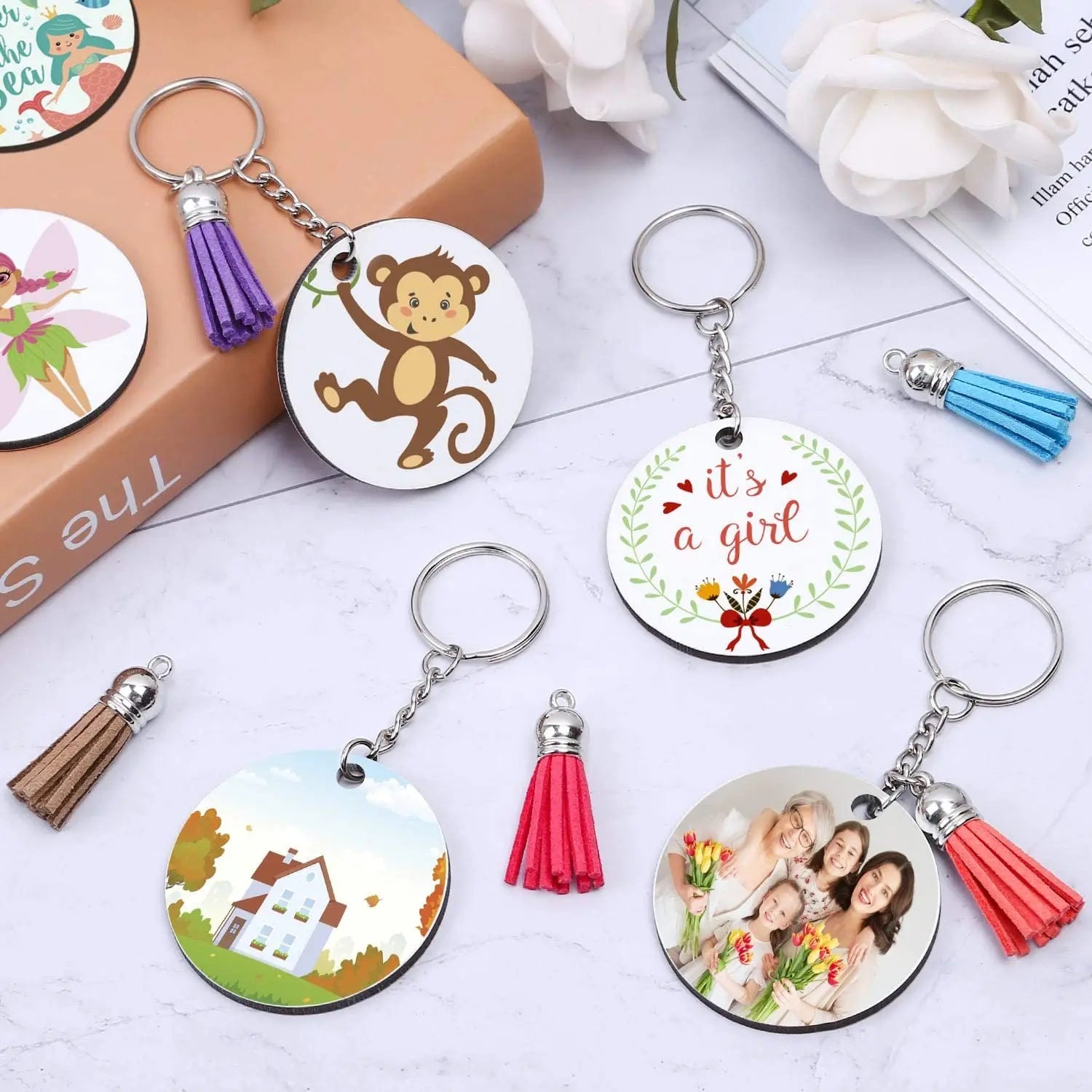 Sublimation MDF Blanks Round/Heart/Square/Rectangle Keychain Photo Frames With Tassel for Gifts