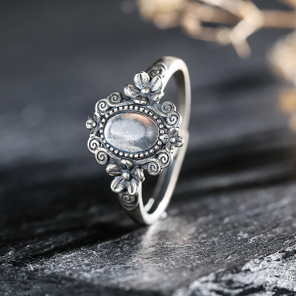 Vintage Style Moonstone Ring for Women S925 Sterling Silver Floral Scroll Design Oval Stone