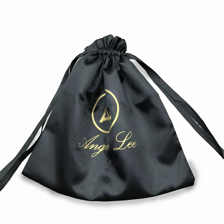 Custom Logo Cosmetics Wigs Hair Bundle Extension Gift Packaging Black Satin Silk Velvet Small Pouch Bag Drawstring Recyclable