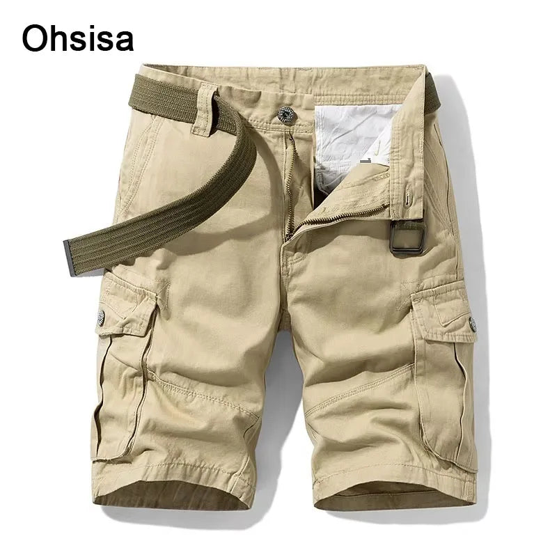 Ohsisa Men's Retro Crane Pattern Cargo Shorts Trendy Washed 100% Cotton Mid Waist with Elastic and Multi-Pocket Casual Pants