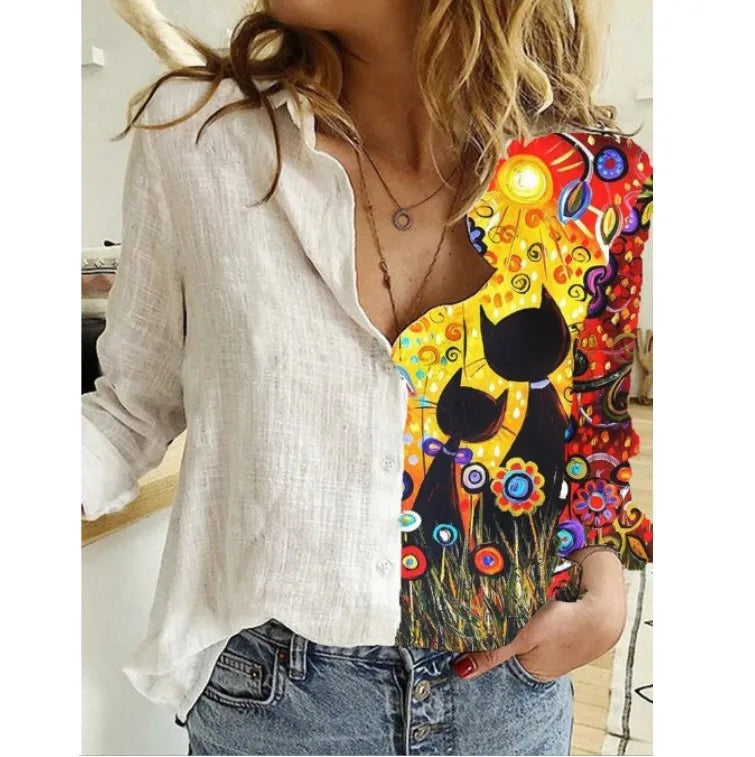 Hot Selling Plus Size Casual Fashion Pattern Shirt Long Sleeves Women Blouse Top