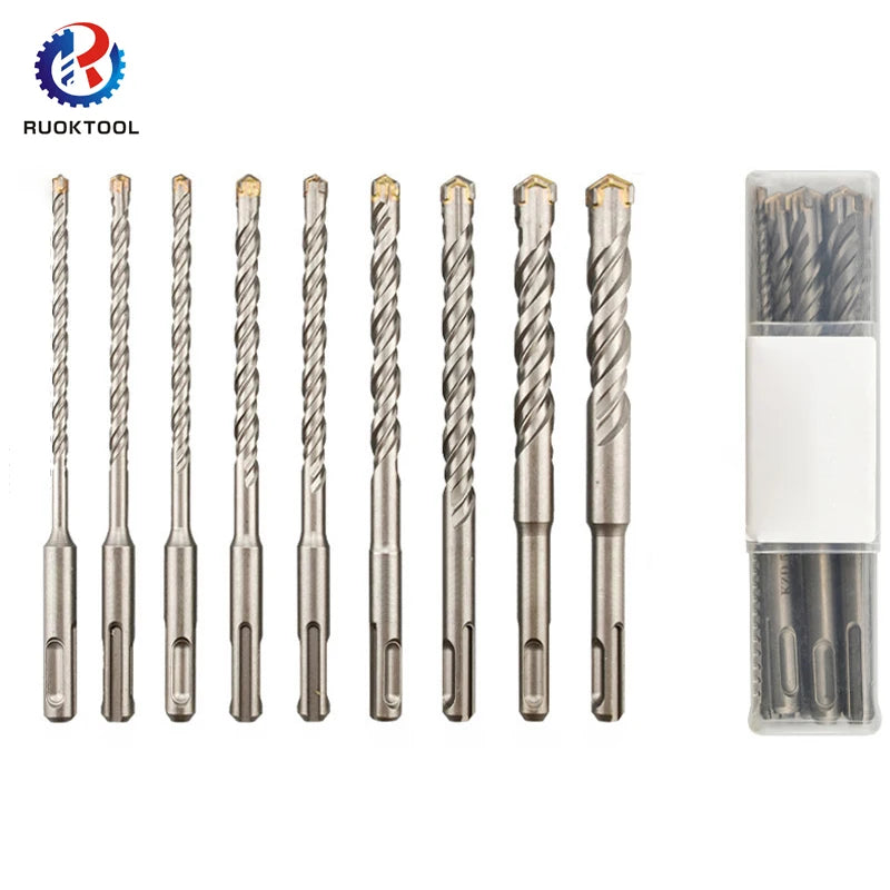 RUOTOOL 9pcs 5-16mm Cross Head Electric Hammer Sds Shank Drill Bit Sds Plus Hammer Drill Bit Set in Plastic Box