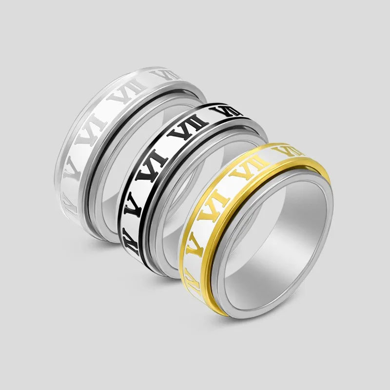 Wholesale Simple Hot Sale Hip Hop Punk Cool Stainless Steel Rotatable Numeral Roman Ring for Men