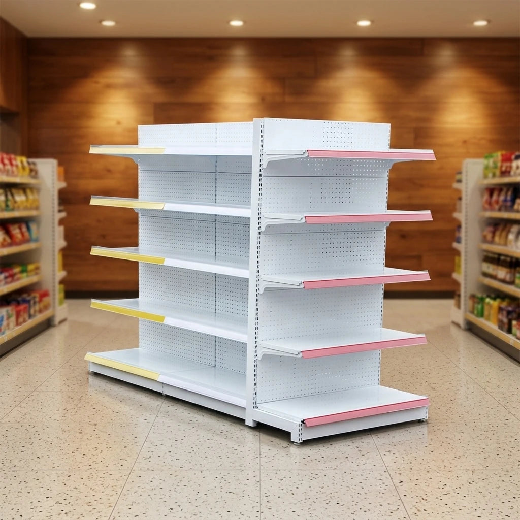 Hot Selling Custom Store White Shelves Supermarket Metal Steel Rack With Holes and Price Tag Store Metal Rack