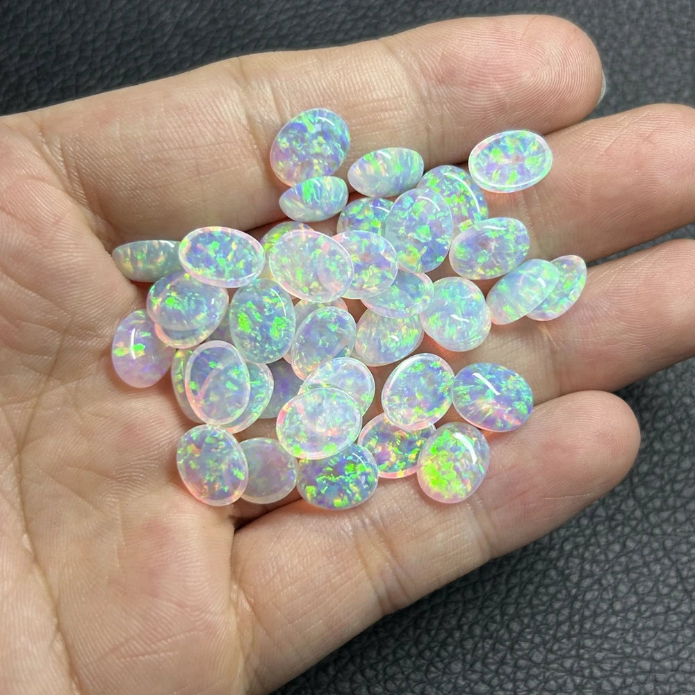 Hot Sale Oval 8x10mm Cabochon White Transfer Synthetic Opal Flat Bottom Loose Gemstones