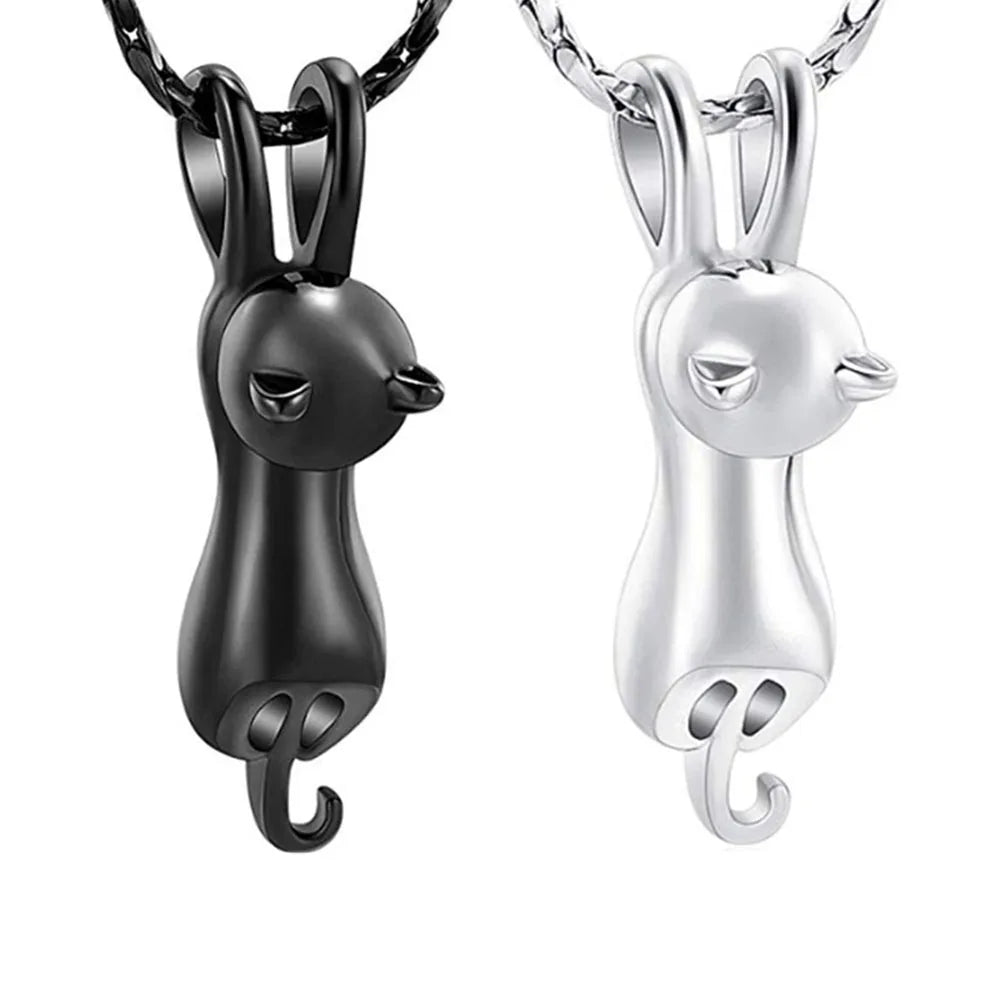 Stylish Stainless Steel Women's Cremation Urn Necklace Cute Cat Design Fashionable Hollow Pendant Zircon Main Stone Silver Black