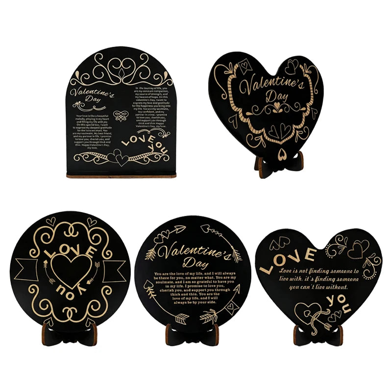 Tailai Valentine's Day Freestanding Wooden Table Sign | Assorted Heart/Oval/Arch Shape with Gold Engraved Love Quotes
