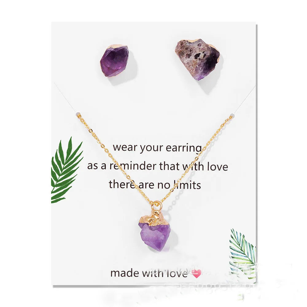 Natural Gold Plating Stone Purple Crystal Quartz Crystal Jewelry Pendant Necklace Earrings Set Irregular Stone Amethyst Necklace