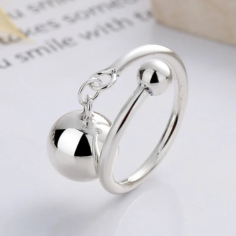 Personalized 925 Sterling Silver Round Ball Pendant Opening Adjustable Finger Ring for Women