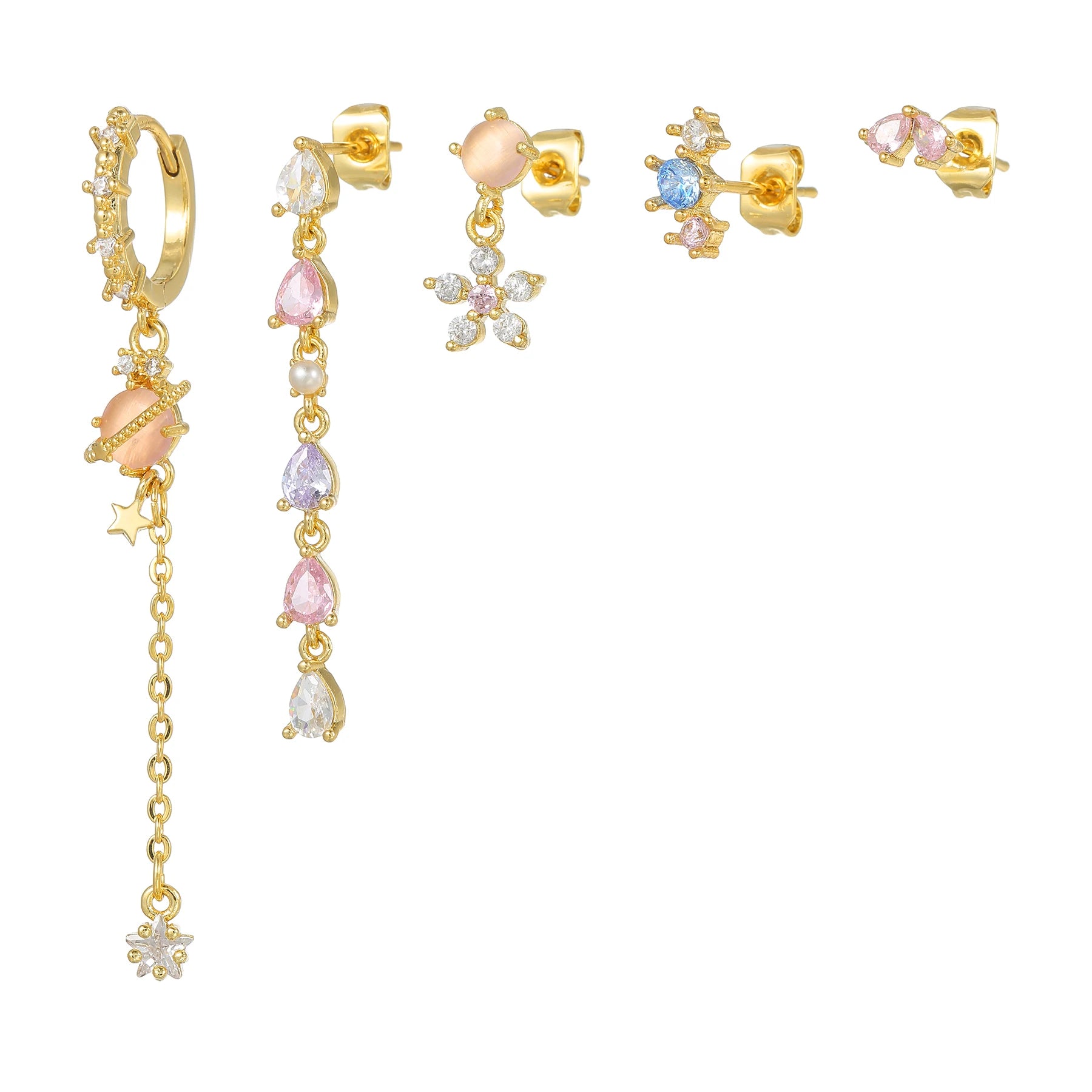 Fashion Earring Set 5PCS/Set Tassel Pendant 925 Silver Studs Earring Colorful Pink Star Zircon Gold Plated Earring Set for Gift