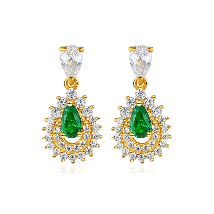 Exquisite Luxury Jewelry 925 Sterling Silver Water Drop Shape Emerald Gemstone Stud Earrings