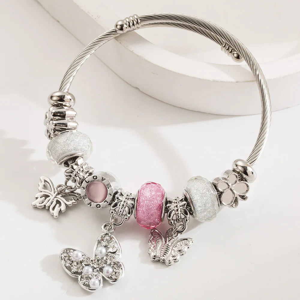 Exquisite Cute Cartoon Friendship Bracelets Stainless Steel Bangle with Butterfly Charm