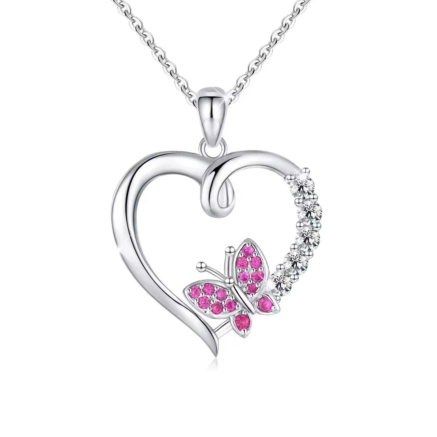 S925 Sterling Silver Rhodium Plated Purple Zircon Butterfly Heart Pendant Necklace