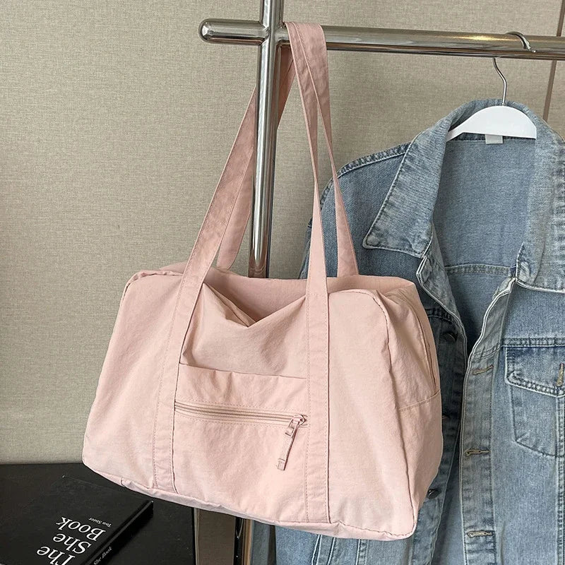 Portable Nylon Women's Simple Shoulder Bags Large Capacity Solid Color Female Tote Luggage Bags Travel Commute Cloth Handbags