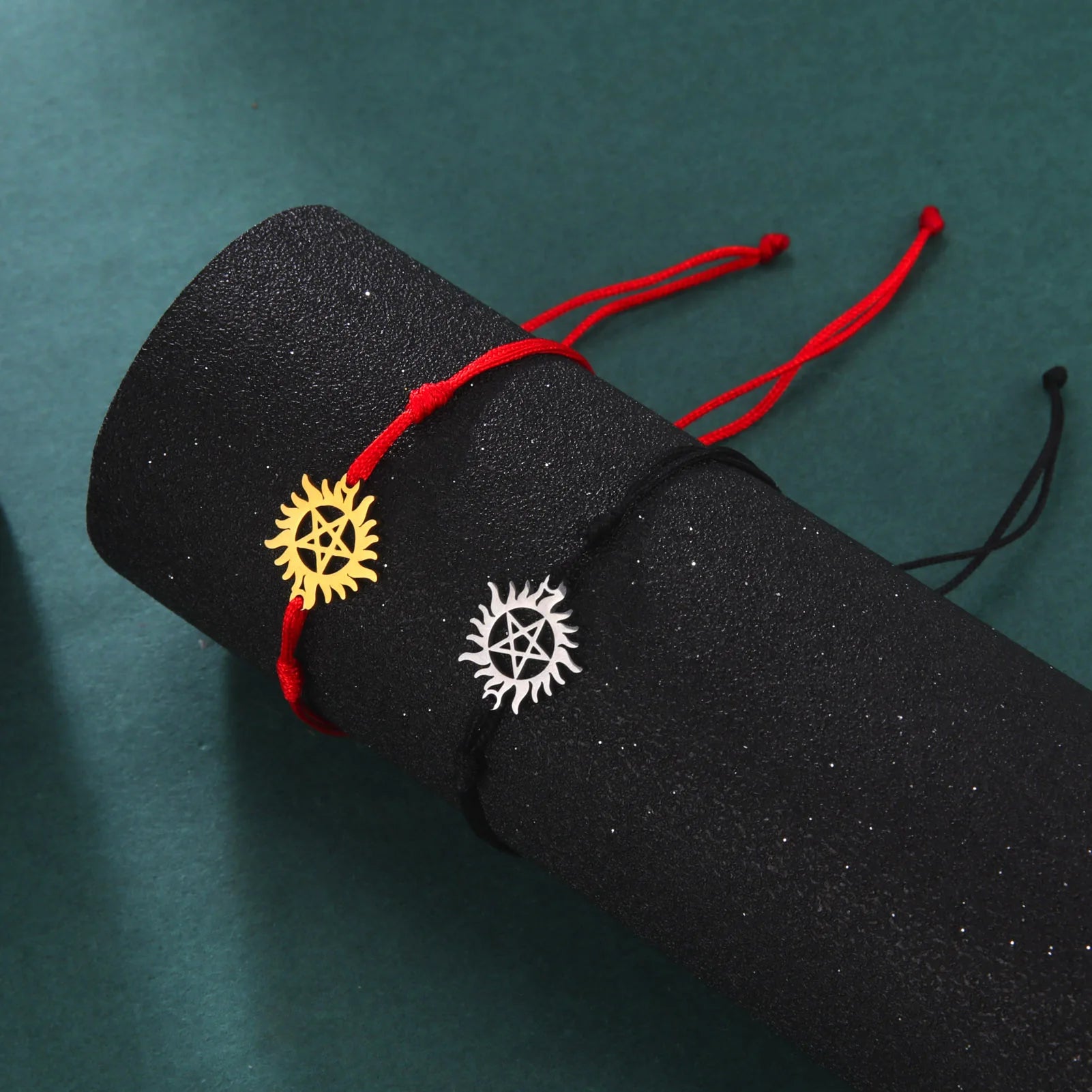 Supernatural Sun Star Charm Bracelet 18K Gold Silver Stainless Steel Macrame Black Cord Red String Rope Fashionable Bracelet