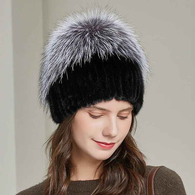 Fox Fur Pom Beanie Hat Real Mink Fashion Warm Winter Knitted Hats for Women Real Fur Beanie Hat With Fox Fur Pom