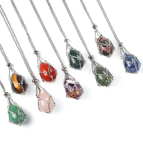 Stainless Steel 18k Gold Net Bag Natural Crystal Easter Egg Stone Adjustable Bamboo Knot Net Pendant Necklace Gemstone