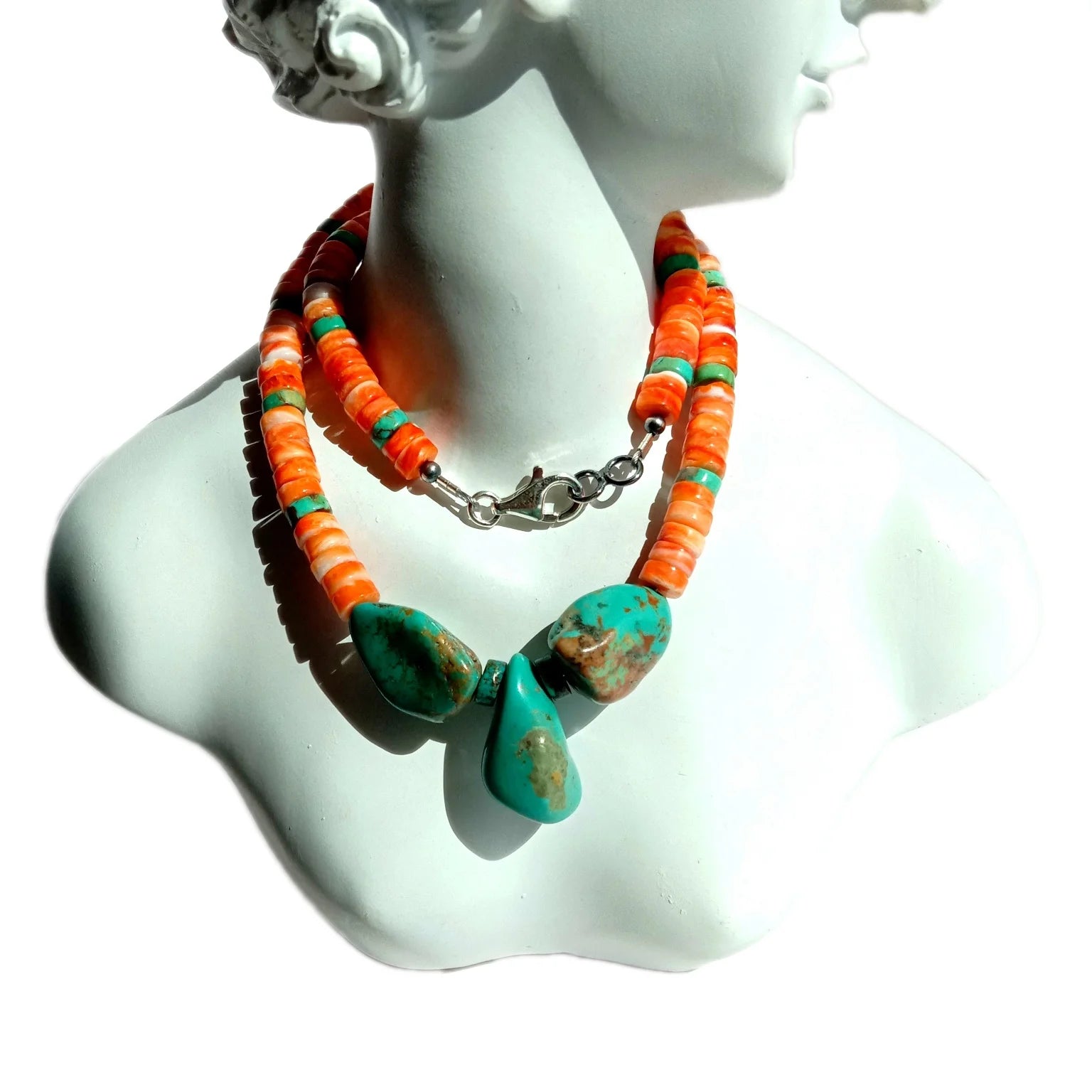 Kingman Natural Turquoise and spiny oyster 925 Sterling Silver Necklace HANDMADE TURQUOISE