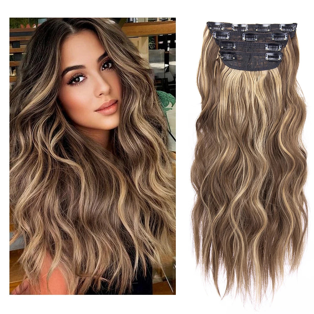 4Pcs/Set 20Inch Synthetic Hair Clip in Long Wavy Thick Hairpieces for Women Full Head Synthetic Hair Extensions Ombre Hairpieces