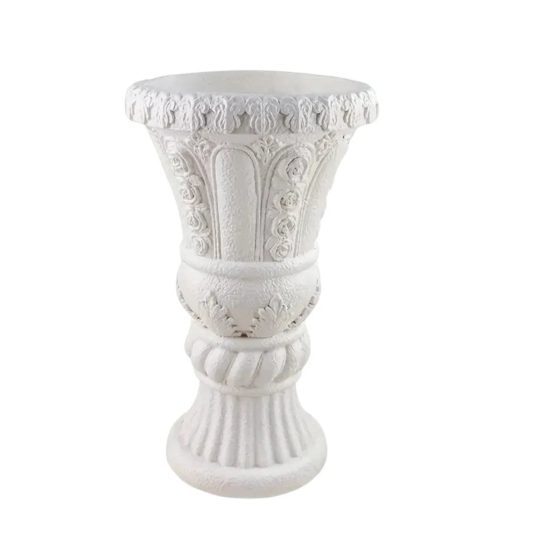Resin Flower Pot Classical White Planter with Floral Carvings and Rope Base Design Literary Themed Garden Decor
