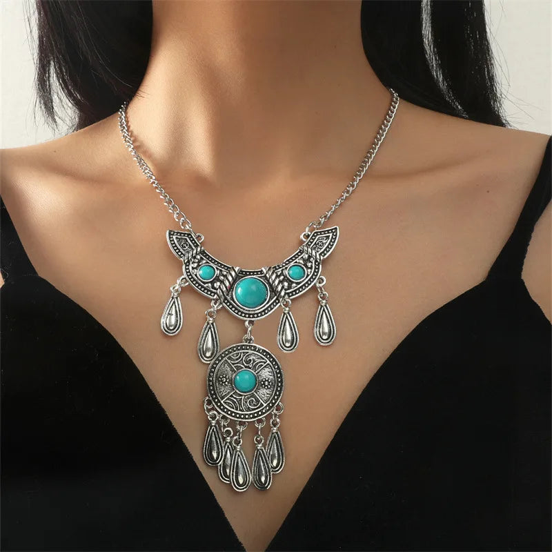 Vintage Ethnic Collar Necklace Long Tassel Statement Turquoise Western Necklaces Jewelry