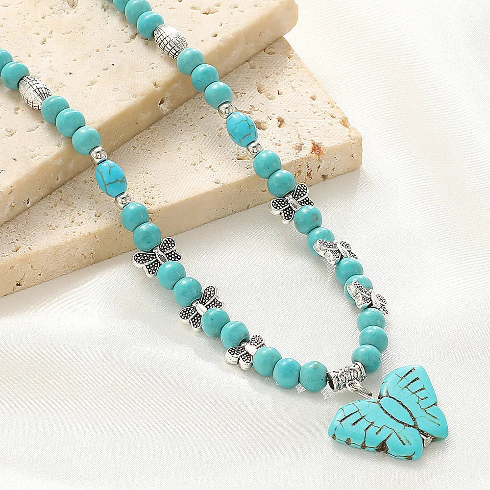 RisingMoon Bohemian Vintage Turquoise Stone Necklace Butterfly Pendant Necklace for Women
