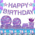 Huancai Purple Mermaid Party Supplies Paper Plates Cups Napkins Disposable Tableware Set for Kids Birthday Party Decorations
