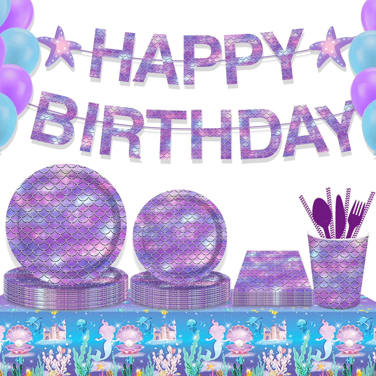 Huancai Purple Mermaid Party Supplies Paper Plates Cups Napkins Disposable Tableware Set for Kids Birthday Party Decorations