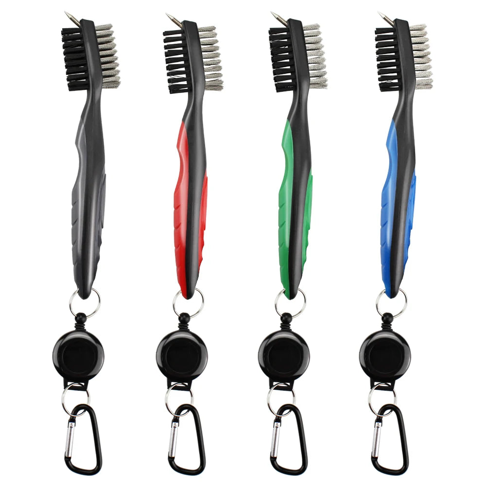 Premium Dual Bristle Nylon Brush Retractable Carabiner Clip Golf Groove Cleaner Cleaning Kit 3-in-1 Golf Club Cleaning Brush