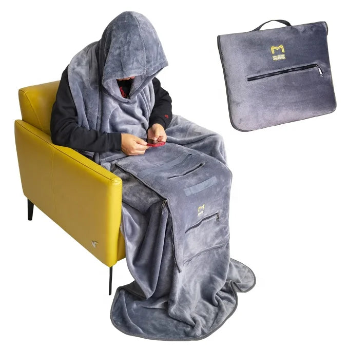 Compact Soft Wearable 4 in 1 Travel Pillow Blanket With Hooded & Pocket Portable Blanket for Airplane Travel