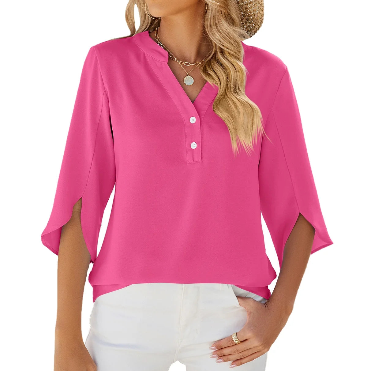 Women's Summer Fashion Casual Pullover Blouse Tops Loose Mid Sleeves with Ruffles Solid Color V-Neck Button Knitted Shirts