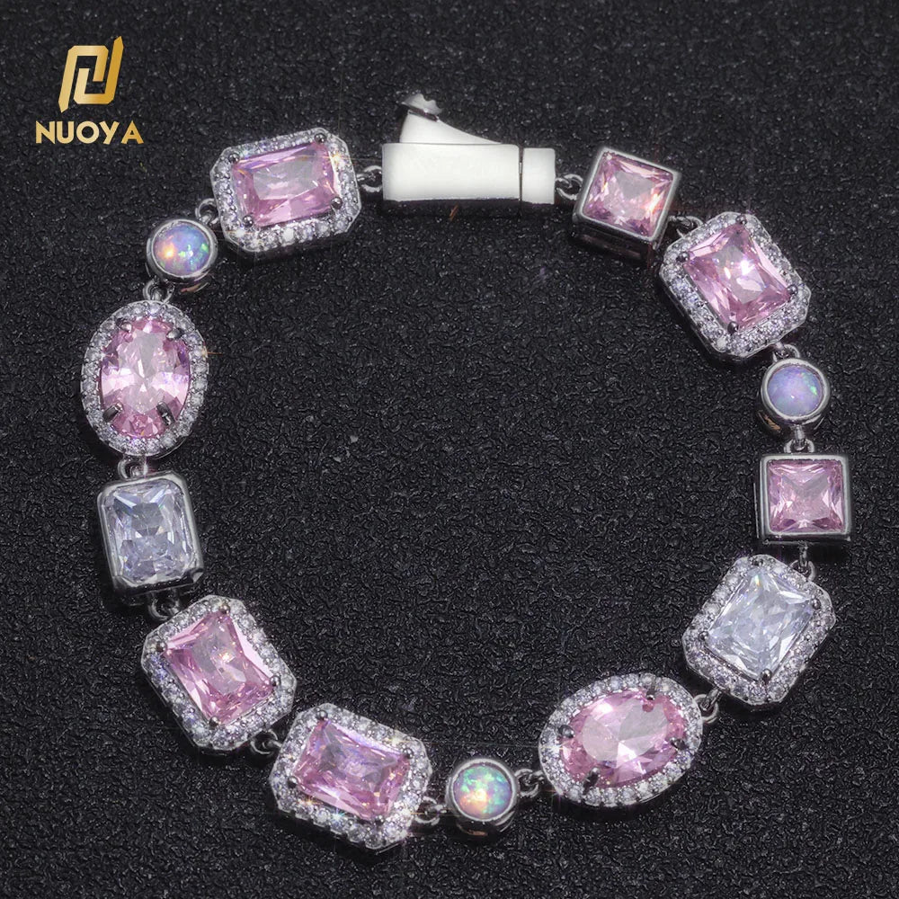 NUOYA 10mm Opal Custom Bling Pink CZ Stone Chain Silver Gold Plated Geometric Gemstone Motif Iced Bracelet Bangle